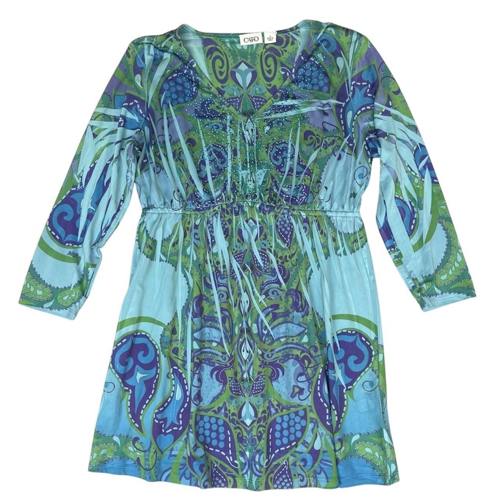 Cato Tunic Shirt Womens Size Small Turquoise Blue Paisley Rhinestones Watercolor